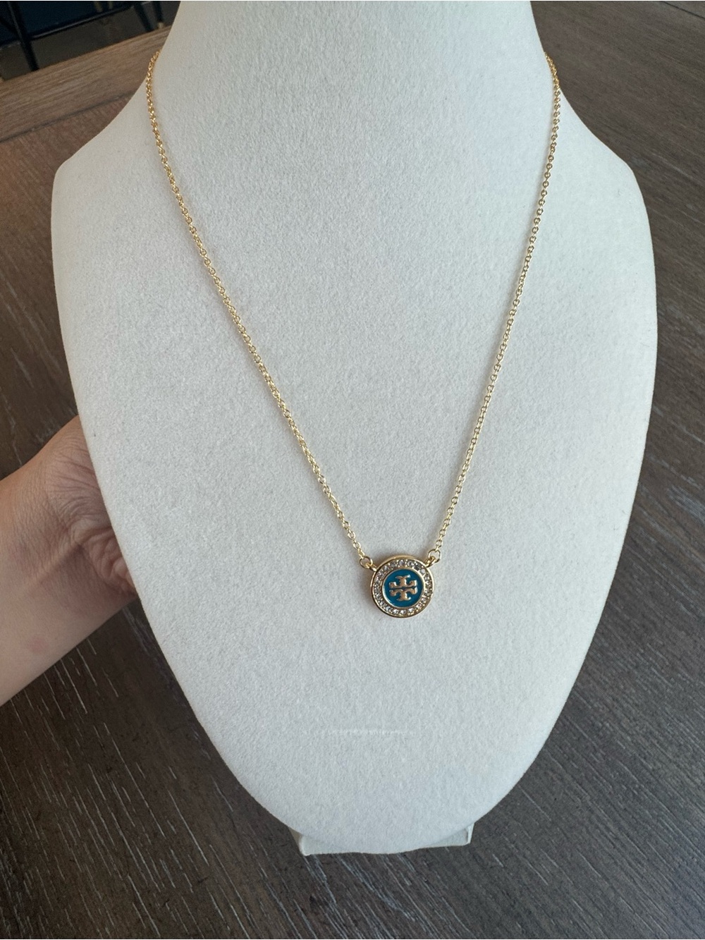 Tory Burch Gold Necklace with Teal Logo Pendant and pave stones